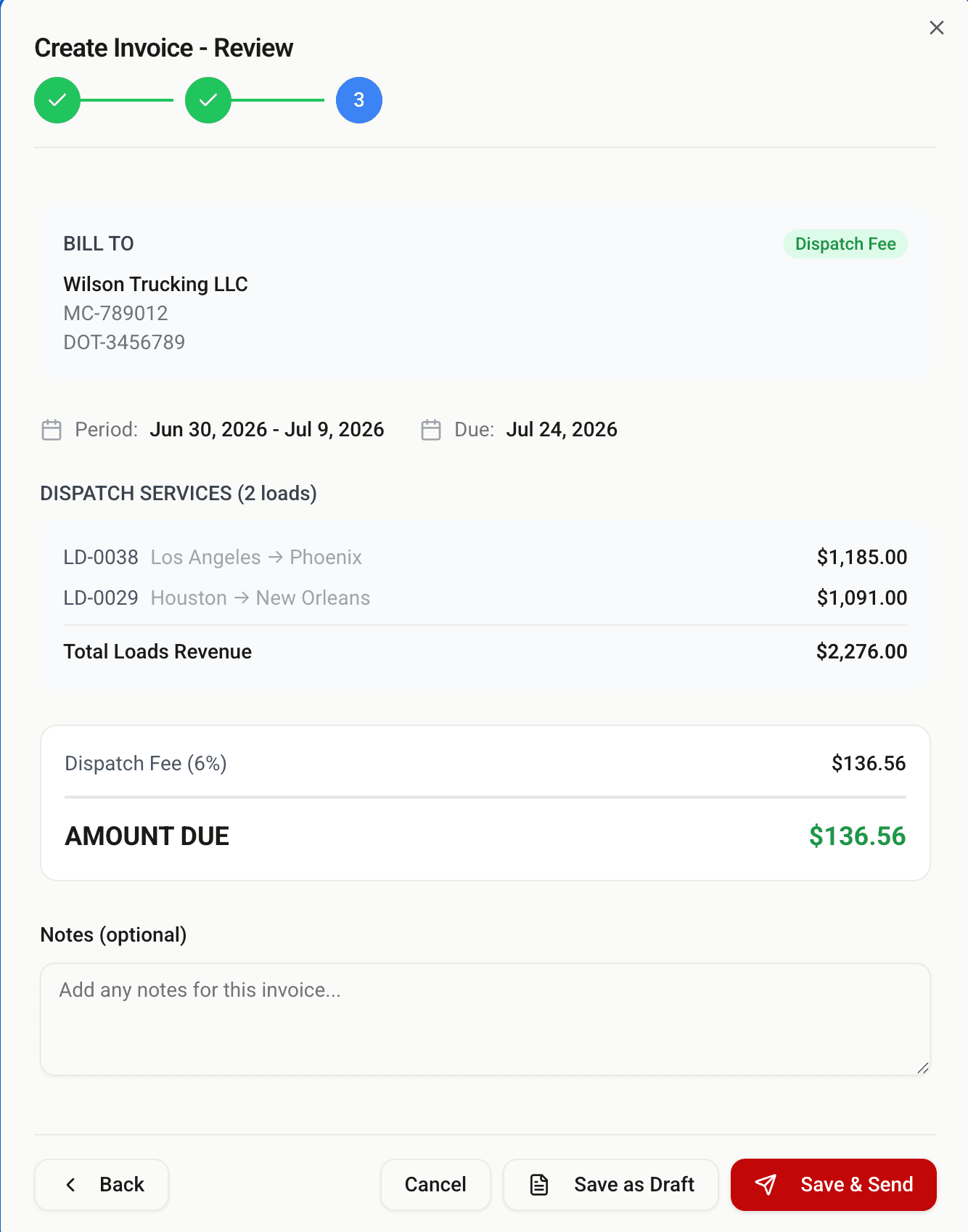 Invoice review with load line items and amount due
