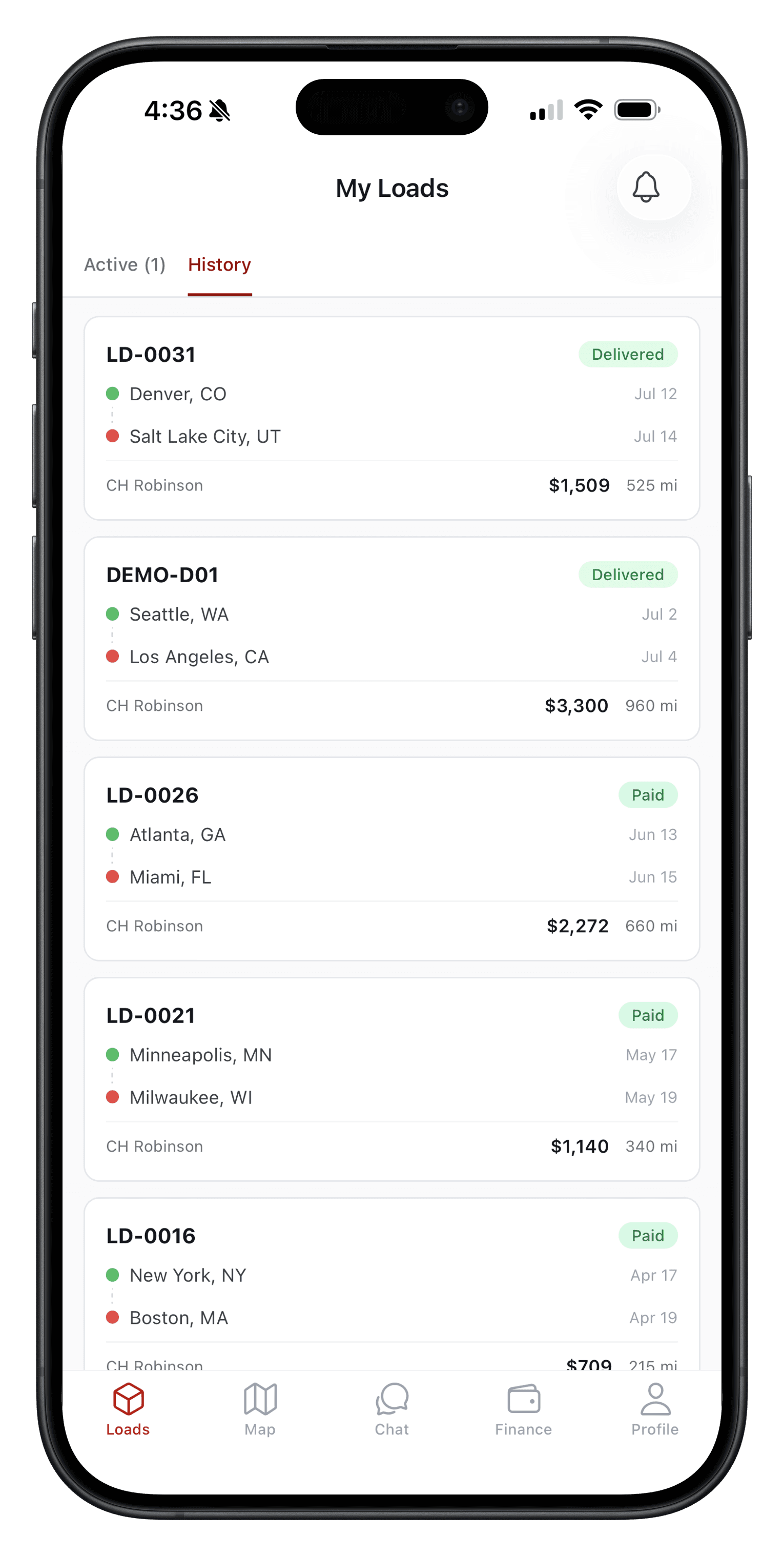 Derekto driver app showing the loads list on mobile